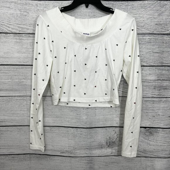 Reebok White Long Sleeve Crop Top Triangle Print, Size Small - Picture 1 of 3